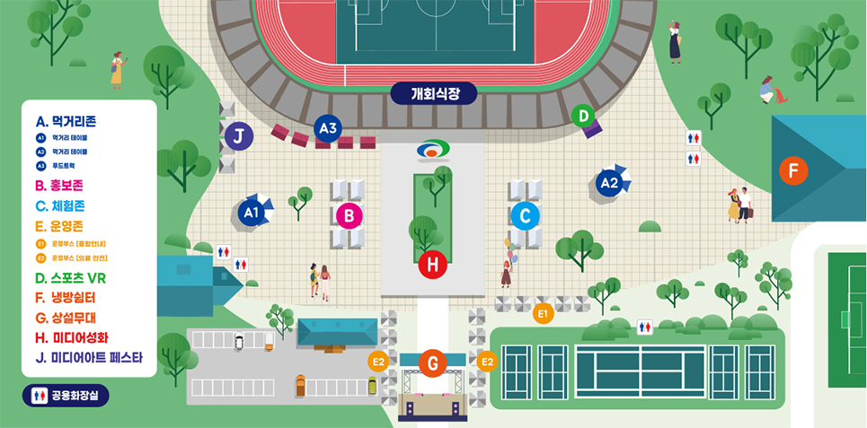 2025 제 77회 충청남도민체육대회 문화행사장 안내 / 개회식장 아래로 A.먹거리존(A1-먹거리 테이블, A2-먹거리 테이블, A3-푸트드럭), B.홍보존, C.체험존, D.스포츠 VR, E.운영존 (E1-운영부스 종합안내, E2-운영부스 의료안전), F.냉방쉼터, G.상설무대, H.미디어성화, J.미디어아트 페스타, 공용화장실의 위치를 나타냅니다.